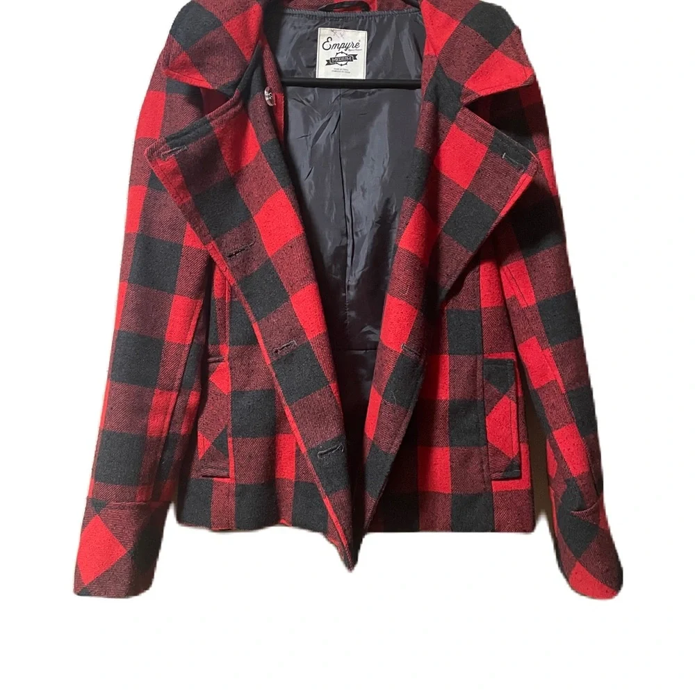 EMPYRE Sz M Cropped Buffalo Check Wool Blend Jacket Plaid Lumber Jack Jill Hood